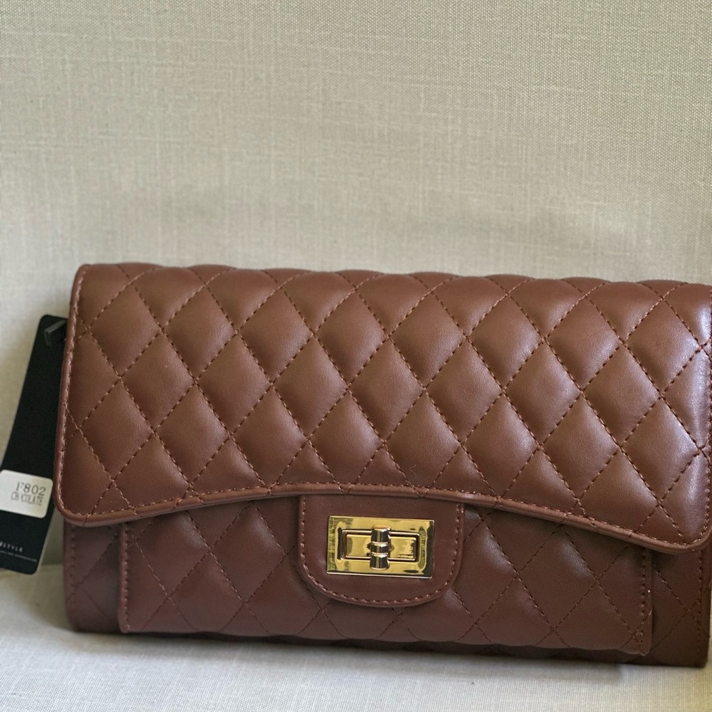 Fashion Nova Faux Leather Elegant Brown Quilted Clutch